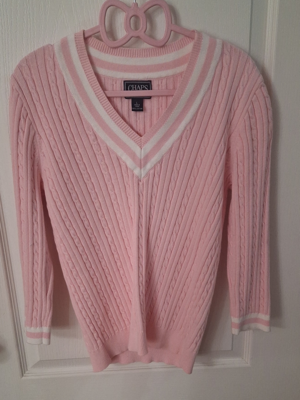 Chaps Pink V-Neck Cable Knit Sweater with White Trim NWOT Size L